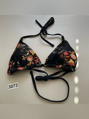 BERLOOK Black Floral Triangle Bikini Top Halter Strap Reversible Size S